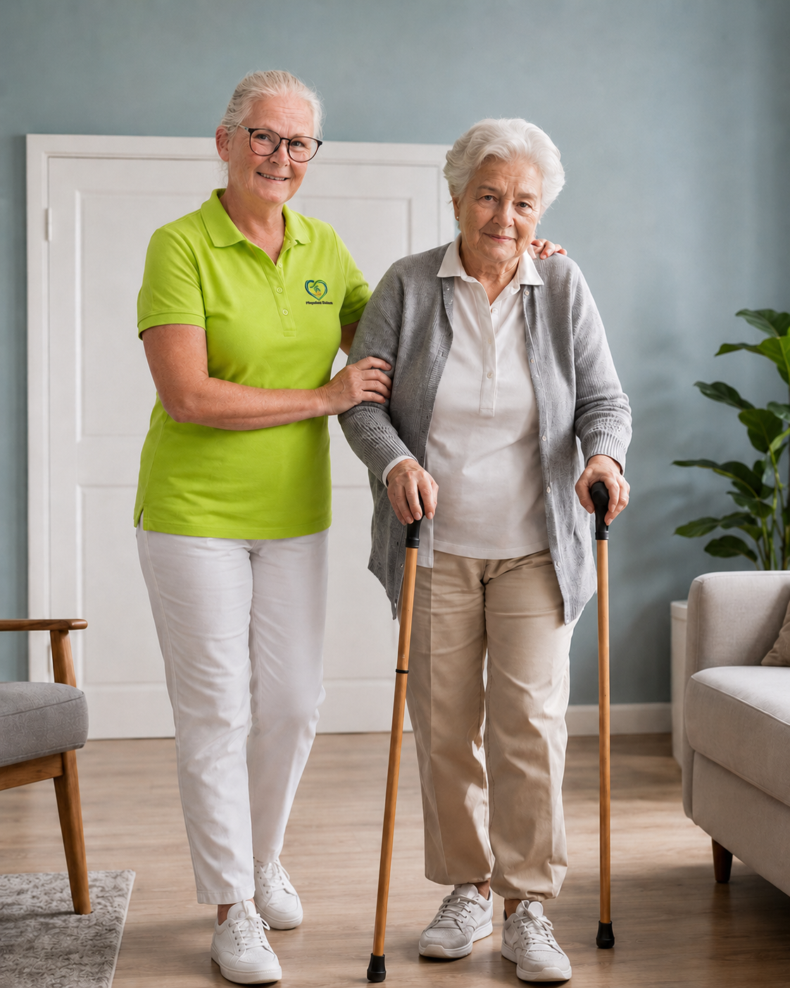Mobilitätshilfe für eine Seniorin mit Gehstöcken zu Hause