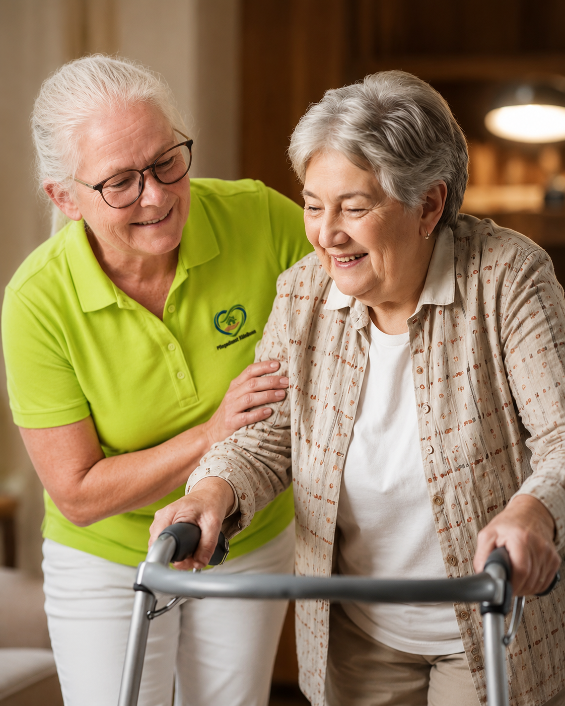 Pflegekraft unterstützt eine Seniorin mit Rollator im Pflegealltag